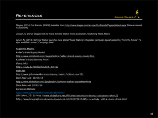 References 
Diageo. (2014) Our Brands, [WWW] Available from; http://www.diageo.com/en-row/OurBrands/Pages/default.aspx [Date Accessed 
13/03/2014] 
Joseph, S. (2012) ‘Diageo bids to make Johnnie Walker more accessible’, Marketing Week, News 
Lynch, N. (2013) ‘Johnnie Walker launches new global “Keep Walking’ integrated campaign spearheaded by ‘From the Future’ TV 
spot via BBH London’, Campaign Brief 
Academic Models 
Keller’s Brand Equity Model 
http://www.mindtools.com/pages/article/keller-brand-equity-model.htm 
Kapferer’s Brand Identity Prism 
Video links 
http://youtu.be/MnSIp76CvUI?t=3m49s 
Websites 
http://www.johnniewalker.com/ms-my/events/bclpost-mar12/ 
Date Accessed: 10/03/14 
http://www.slideshare.net/ZaraBoshyk/johnnie-walker-starte#btnNext 
Date Accessed 10/03/14 
Corporate Website 
http://www.johnniewalker.com/en-gb/home/ 
(iffi Saheb, 2013) -http://www.slideshare.net/IffiSaheb/secondary-brandassociations-short23 
http://www.telegraph.co.uk/women/womens-life/10372412/Why-is-whisky-still-a-mans-drink.html 
23 
