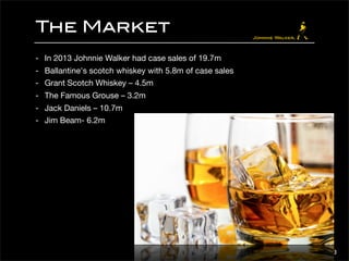 The Market 
- In 2013 Johnnie Walker had case sales of 19.7m 
- Ballantine's scotch whiskey with 5.8m of case sales 
- Grant Scotch Whiskey – 4.5m 
- The Famous Grouse – 3.2m 
- Jack Daniels – 10.7m 
- Jim Beam- 6.2m 
3 
 