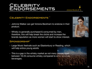 Celebrity
Endorsements
Celebrity Endorsements ˝
!
- Johnnie Walker can get Victoria Beckham to endorse in their
product. 

!
- Whisky is generally purchased & consumed by men,
therefore, this will help break the cliché and increase the
brands reputation as more women will start to show interest.

!
Sponsorship˝
!
- Large Music festivals such as Glastonbury or Reading, which
will help entice young adults 

!
- This is a gap in the whisky market as not many people aged
between 18-25 consume whisky compared to other alcoholic
beverages.
22
 