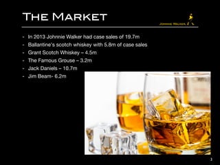 The Market
- In 2013 Johnnie Walker had case sales of 19.7m

- Ballantine's scotch whiskey with 5.8m of case sales 

- Grant Scotch Whiskey – 4.5m

- The Famous Grouse – 3.2m

- Jack Daniels – 10.7m 

- Jim Beam- 6.2m
3
 