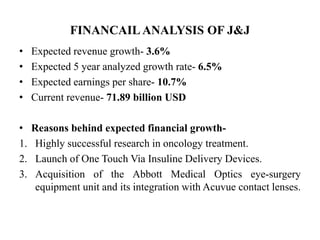 FINANCAIL ANALYSIS OF J&J
• Expected revenue growth- 3.6%
• Expected 5 year analyzed growth rate- 6.5%
• Expected earnings per share- 10.7%
• Current revenue- 71.89 billion USD
• Reasons behind expected financial growth-
1. Highly successful research in oncology treatment.
2. Launch of One Touch Via Insuline Delivery Devices.
3. Acquisition of the Abbott Medical Optics eye-surgery
equipment unit and its integration with Acuvue contact lenses.
 