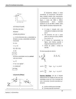 Vetor Pré Vestibular Comunitário Física 1
28
Capítulo 2 : A Cinemática
a) O tempo de queda
b) A altura da mesa
Resposta:
a) Dados do problema:
vx = 2 m/s (chamamos de vx a velocidade na
direção x, ou seja, a velocidade na direção
horizontal)
d = 2 m
s = s0 + vt
(2) = (0) + (2).t
2 = 2t
t = 1s
b) Como a velocidade inicial na vertical
vale zero, temos:
voy = 0
h = h0 + v0t + (g/2)t²
h = (10/2).(1)²
h = 5 m
Lançamento Oblíquo
O lançamento oblíquo é muito
semelhante ao lançamento não-vertical.
Nele, também existem dois movimentos,
um horizontal e um vertical, conforme a
figura, e esses são MRU e MRUV,
respectivamente. Assim, também
obedecem às leis de MRU e MRUV. Além
disso, algumas ressalvas importantes são:
• O corpo é lançado com uma
inclinação em relação ao solo dada
por .
• No momento em que o corpo
passa no ponto de altura máxima
(hmáx), seu vy = 0
• O alcance A, representado na
figura, será máximo quando o
ângulo de lançamento Θ for 45°.
• tempo de subida = tempo de
descida
Por decomposição de vetores:
J˥J
˰"
˰"
ˬJ˧J: ˰" ˰" J˥J
cos
˰"
˰"
ˬJ˧J: ˰" ˰" IJJ
Exercício Resolvido: Um giz é lançado
obliquamente em relação ao solo com uma
velocidade inicial de 4 m/s, formando 30°
com a horizontal. Encontre (considere g =
10 m/s²):
a) A altura máxima que ele atinge
b) O tempo total do movimento
Ŷm
h
v Ŷm/s
A
hmáx
vŴ
vy
vy
v
vx
vx
v
vŴ
vŴx
vŴy
v0 = v0x + v0y
 