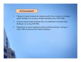 Achievement

1.   Change of export commercial shipment pallet from wooden to corrugate
     pallet. Rolling Cost saving on freight and pallet price USD 250K.
2.   In house transportation trucking from air conditional to normal truck.
     Rolling Cost saving USD 80K.
3.   Elimination of metal caging for rejected, printed materials. Saving of
     USD 150K for Biotech and Tablet warehouse.
 