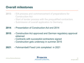 Overall milestones
2013: - EIA process and commencement of preparations for
Construction Act
- Start of tender process with the prequalified contractors
- Submission of overall application to Germany
2014: - Presentation of Construction Act end 2014
2015: - Construction Act approved and German regulatory approval
obtained
- Contracts with successful contractors signed
- Construction gets underway in summer 2015
2021: - Fehmarnbelt Fixed Link completed in 2021
Johnny Restrup-Sørensen 12
30 April 2014
 