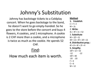 Johnny’s Substitution
    Johnny has backstage tickets to a Coldplay    Method:
                                                  1. Establish:
 concert. When he goes backstage to the band,     C=f+2
   he doesn’t want to go empty-handed. So he      M = 2c
goes to the store before the concert and buys 4   2. Write:
                                                  4c + 4f + m = 52
flowers, 4 cookies, and 1 microphone. A cookie    3. Substitute
is 2 CHF more than a cookie, and a microphone     M = 2(f + 2)
                                                  4(f + 2) + 4f + 2(f + 2)
  is twice as much as the cookie. He spends 52
                                                  4. Distributive prop.:
                       CHF.                       4f + 8 + 4f + 2f + 4
                                                  5. Simplify:
            Find:                                 10f + 12 = 52
                                                  -12         -12
  How much each item is worth.                    10f = 40
                                                  :10 :10
                                                  F=4
                                                  C=6
                                                  M = 12
 