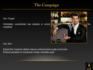 11
Our Target
Initimidated, overwhelmed new adopters or current customers who lack undersstandin of the
complexity
Our Aim
Extend their Customer Lifetime Value by enhancing their loyalty to the brand
Enhance perception to include less change-vulnerable equity
The Campaign
 