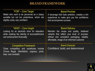 6
BRAND FRAMEWORK
“FOR” – Core Target
Males who want to be perceived as a classy
socialite but not too pretentious, whom are
slightly cocky very confident
“WHO” – Core Insight
Looking for an alcoholic drink for relaxation
while creating the identity of accomplishment
and achievement financially
Competitive Framework
Close competition and substitutes include
Chivas Regal, Glenfiddich, cognacs, ports,
beer, and cocktails
Brand Character
Confident, bold, and determined
Brand Delivery
Maintain the recipe and quality, laddered
variants that reflect your level of success,
refined and consistent packaging, reliable,
affordable, image of an informed customer
Brand Promise
A beverage that fuels ambition, creates a rich
experience to make give you the confidence
that accompanies success
 