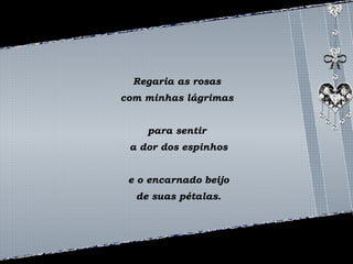 Regaria as rosas 
com minhas lágrimas 
para sentir 
a dor dos espinhos 
e o encarnado beijo 
de suas pétalas. 
 