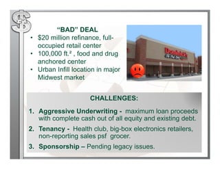 “BAD” DEAL
• $20 million refinance, full-
  occupied retail center
• 100,000 ft.² , food and drug
  anchored center
• Urban Infill location in major
  Midwest market


                     CHALLENGES:
1. Aggressive Underwriting - maximum loan proceeds
   with complete cash out of all equity and existing debt.
2. Tenancy - Health club, big-box electronics retailers,
   non-reporting sales psf grocer.
3. Sponsorship – Pending legacy issues.
 