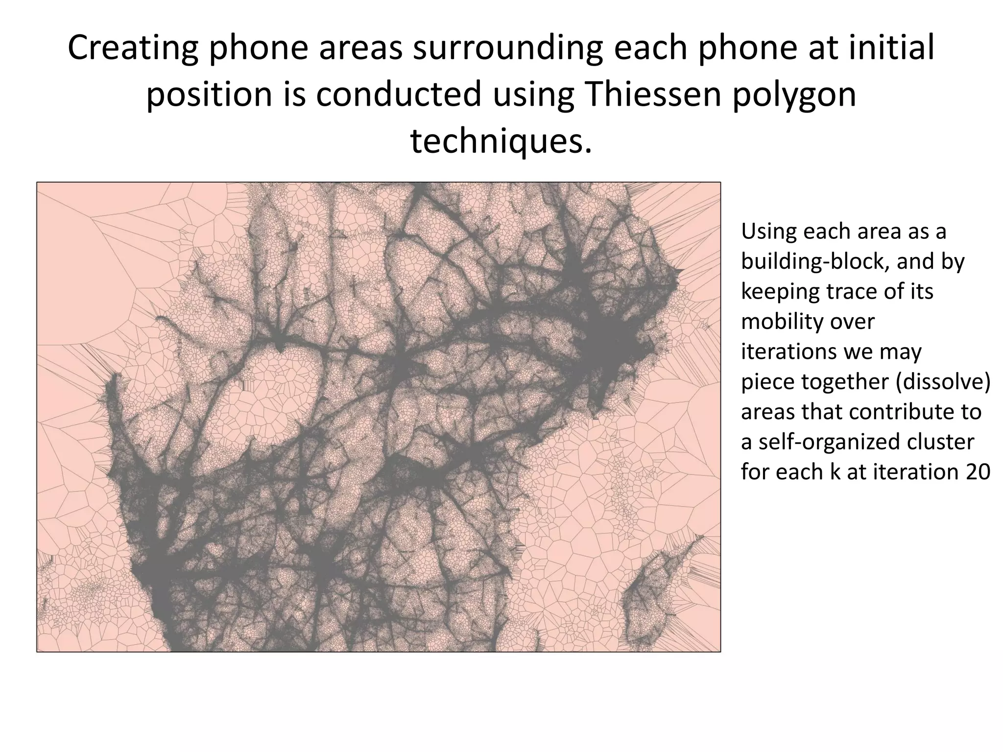 Creating phone areas surrounding each phone at initial
position is conducted using Thiessen polygon
techniques.
Using each area as a
building-block, and by
keeping trace of its
mobility over
iterations we may
piece together (dissolve)
areas that contribute to
a self-organized cluster
for each k at iteration 20
 
