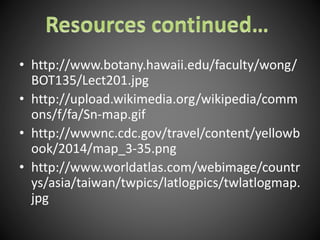 • http://www.botany.hawaii.edu/faculty/wong/
BOT135/Lect201.jpg
• http://upload.wikimedia.org/wikipedia/comm
ons/f/fa/Sn-map.gif
• http://wwwnc.cdc.gov/travel/content/yellowb
ook/2014/map_3-35.png
• http://www.worldatlas.com/webimage/countr
ys/asia/taiwan/twpics/latlogpics/twlatlogmap.
jpg