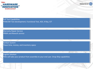 Full Test Capabilities
•HW/SW Test development, Functional Test, AOI, X-Ray, ICT
Full Test Capabilities
•HW/SW Test development, Functional Test, AOI, X-Ray, ICT
Warranty Repair Service
•RMA and Rework service
Warranty Repair Service
•RMA and Rework service
Kanban System
•Save time, money, and inventory space
Kanban System
•Save time, money, and inventory space
Logistic Solution
•We will take your product from assembly to your end user. Drop Ship capabilities
Logistic Solution
•We will take your product from assembly to your end user. Drop Ship capabilities
 