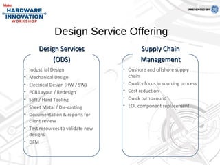 • Industrial Design
• Mechanical Design
• Electrical Design (HW / SW)
• PCB Layout / Redesign
• Soft / Hard Tooling
• Sheet Metal / Die-casting
• Documentation & reports for
client review
• Test resources to validate new
designs
• DFM
Design ServicesDesign Services
(ODS)(ODS)
• Onshore and offshore supply
chain
• Quality focus in sourcing process
• Cost reduction
• Quick turn around
• EOL component replacement
Supply ChainSupply Chain
ManagementManagement
Design Service Offering
 