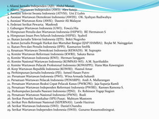 1. Aliansi Jurnalis Independen (AJI); Abdul Manan
2. Aliansi Wartawan Independen (AWI); Alex Sutejo
3. Asosiasi Televisi Swasta Indonesia (ATVSI); Uni Z Lubis
4. Asosiasi Wartawan Demokrasi Indonesia (AWDI); OK. Syahyan Budiwahyu
5. Asosiasi Wartawan Kota (AWK); Dasmir Ali Malayoe
6. Federasi Serikat Pewarta; Masfendi
7. Gabungan Wartawan Indonesia (GWI); Fowa’a Hia
8. Himpunan Penulis dan Wartawan Indonesia (HIPWI); RE Hermawan S
9. Himpunan Insan Pers Seluruh Indonesia (HIPSI); Syahril
10. Ikatan Jurnalis Televisi Indonesia (IJTI); Bekti Nugroho
11. Ikatan Jurnalis Penegak Harkat dan Martabat Bangsa (IJAP HAMBA); Boyke M. Nainggolan
12. Ikatan Pers dan Penulis Indonesia (IPPI); Kasmarios SmHk
13. Kesatuan Wartawan Demokrasi Indonesia (KEWADI); M. Suprapto
14. Komite Wartawan Reformasi Indonesia (KWRI); Sakata Barus
15. Komite Wartawan Indonesia (KWI); Herman Sanggam
16. Komite Nasional Wartawan Indonesia (KOMNAS-WI); A.M. Syarifuddin
17. Komite Wartawan Pelacak Profesional Indonesia (KOWAPPI); Hans Max Kawengian
18. Korp Wartawan Republik Indonesia (KOWRI); Hasnul Amar
19. Perhimpunan Jurnalis Indonesia (PJI); Ismed Hasan Putro
20. Persatuan Wartawan Indonesia (PWI); Wina Armada Sukardi
21. Persatuan Wartawan Pelacak Indonesia (PEWARPI); Andi A. Mallarangan
22. Persatuan Wartawan Reaksi Cepat Pelacak Kasus (PWRCPK); Jaja Suparja Ramli
23. Persatuan Wartawan Independen Reformasi Indonesia (PWIRI); Ramses Ramona S.
24. Perkumpulan Jurnalis Nasrani Indonesia (PJNI); Ev. Robinson Togap Siagian
25. Persatuan Wartawan Nasional Indonesia (PWNI); Rusli
26. Serikat Penerbit Suratkabar (SPS) Pusat; Mahtum Mastoem
27. Serikat Pers Reformasi Nasional (SEPERNAS); Laode Hazirun
28. Serikat Wartawan Indonesia (SWI); Daniel Chandra
29. Serikat Wartawan Independen Indonesia (SWII); Gunarso Kusumodiningrat.
 