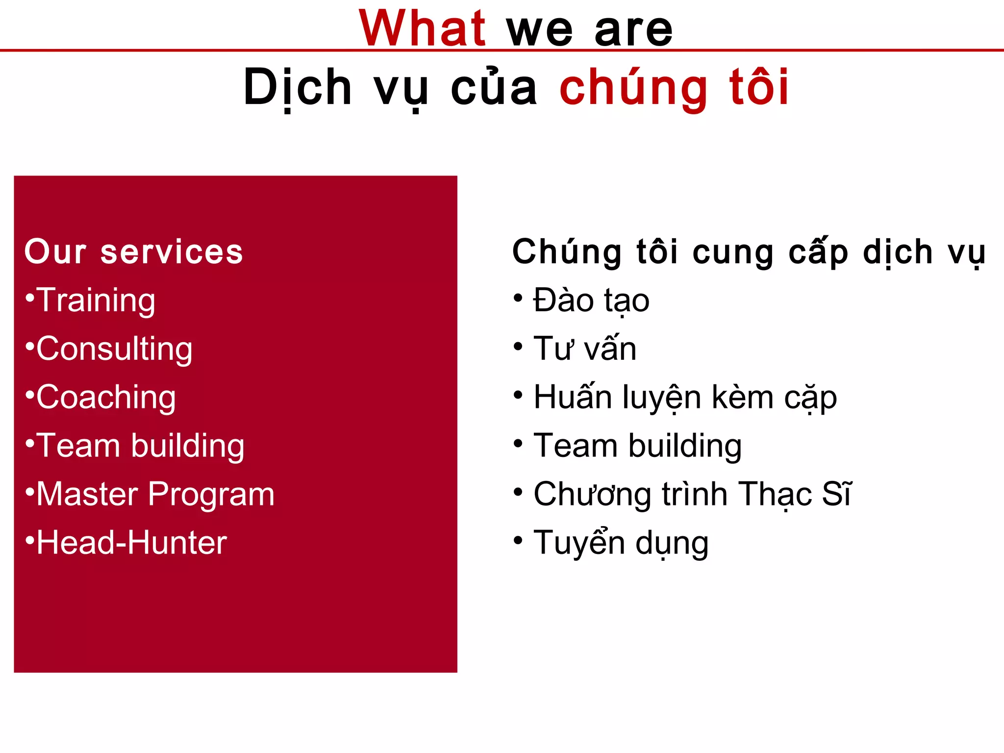 What we are
Dịch vụ của chúng tôi
Our services
•Training
•Consulting
•Coaching
•Team building
•Master Program
•Head-Hunter
Chúng tôi cung cấp dịch vụ
• Đào tạo
• Tư vấn
• Huấn luyện kèm cặp
• Team building
• Chương trình Thạc Sĩ
• Tuyển dụng
 