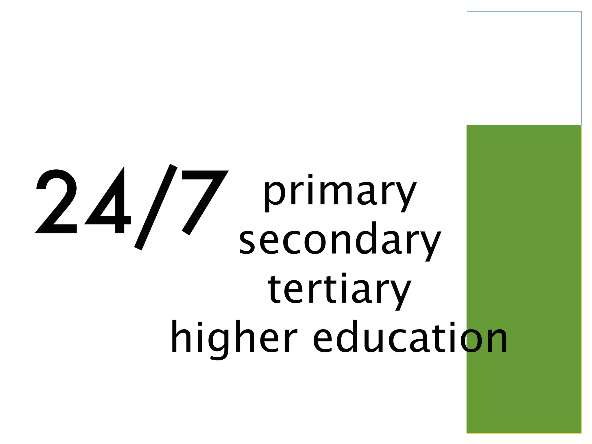 24/7 primary
secondary
tertiary
higher education