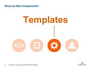 What are Web Components?
Templates
John Riviello – Custom Elements with Polymer Web Components12
 