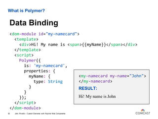 What is Polymer?
<dom-module id="my-namecard">
<template>
<div>Hi! My name is <span>{{myName}}</span></div>
</template>
<script>
Polymer({
is: 'my-namecard',
properties: {
myName: {
type: String
}
}
});
</script>
</dom-module>
John Riviello – Custom Elements with Polymer Web Components30
Data Binding
<my-namecard my-name="John">
</my-namecard>
RESULT:
Hi! My name is John
 