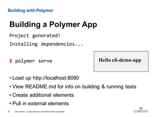 Building with Polymer
Project generated!
Installing dependencies...
$ polymer serve
• Load up http://localhost:8080
John Riviello – Custom Elements with Polymer Web Components55
Building a Polymer App
Hello cli-demo-app
• View README.md for info on building & running tests
• Create additional elements
• Pull in external elements
 