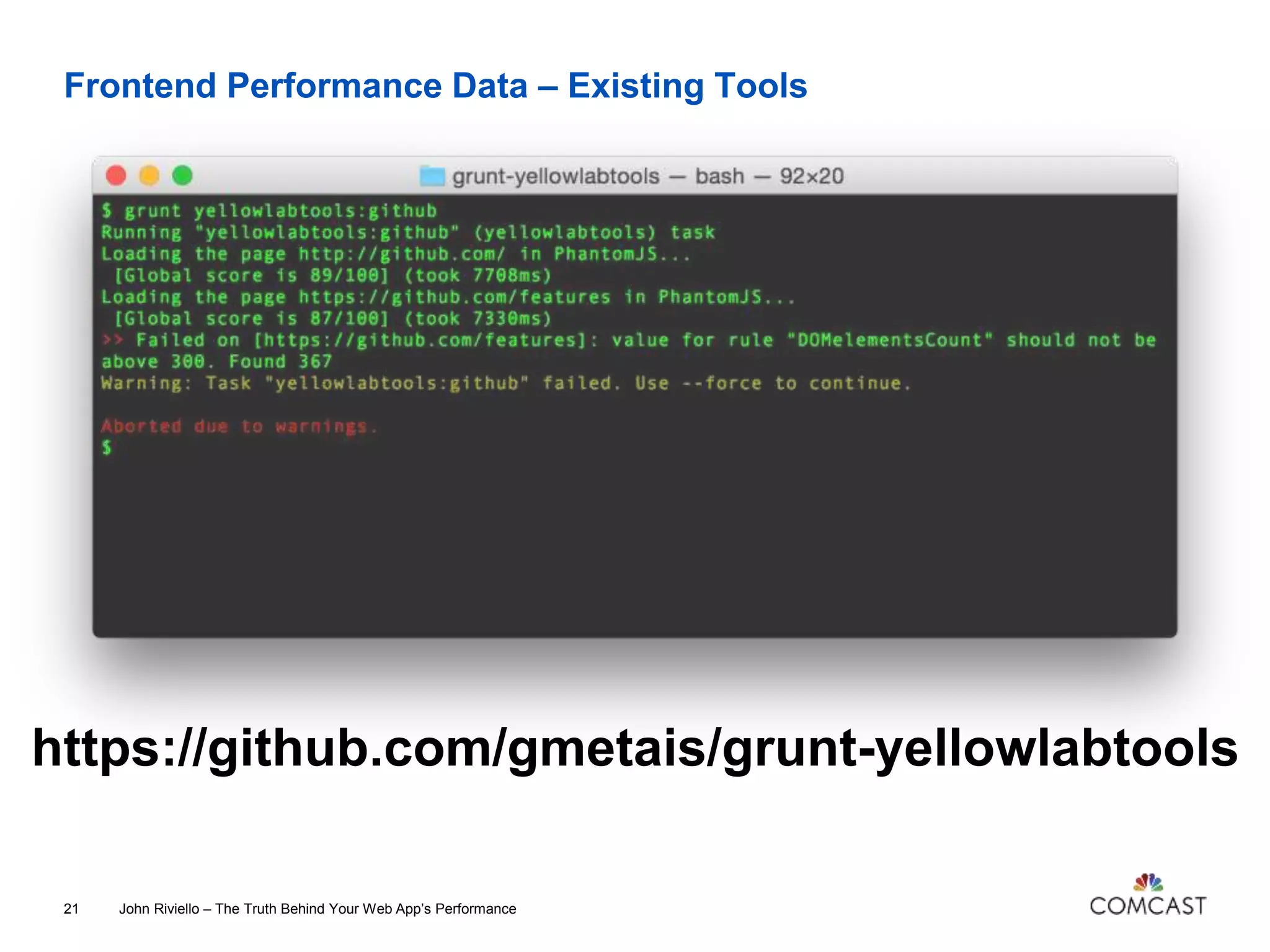 Frontend Performance Data – Existing Tools
https://github.com/gmetais/grunt-yellowlabtools
John Riviello – The Truth Behind Your Web App’s Performance21
 