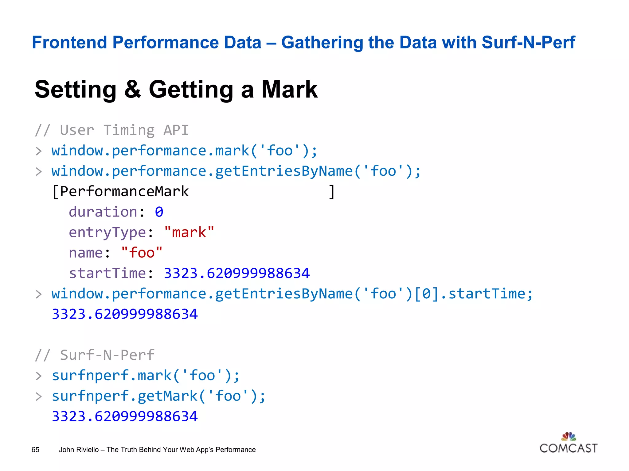Frontend Performance Data – Gathering the Data with Surf-N-Perf
Setting & Getting a Mark
John Riviello – The Truth Behind Your Web App’s Performance65
// User Timing API
> window.performance.mark('foo');
> window.performance.getEntriesByName('foo');
[PerformanceMark ]
duration: 0
entryType: "mark"
name: "foo"
startTime: 3323.620999988634
> window.performance.getEntriesByName('foo')[0].startTime;
3323.620999988634
// Surf-N-Perf
> surfnperf.mark('foo');
> surfnperf.getMark('foo');
3323.620999988634
 