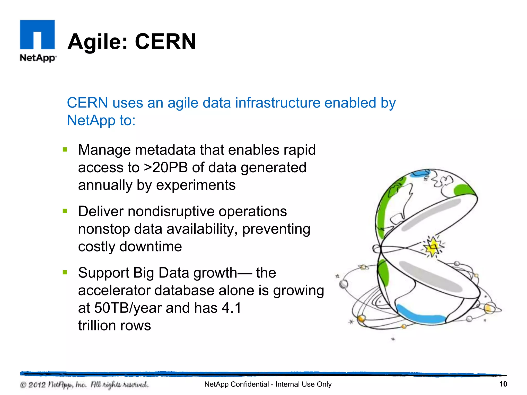 Agile: CERN

CERN uses an agile data infrastructure enabled by
NetApp to:

 Manage metadata that enables rapid
  access to >20PB of data generated
  annually by experiments
 Deliver nondisruptive operations
  nonstop data availability, preventing
  costly downtime
 Support Big Data growth— the
  accelerator database alone is growing
  at 50TB/year and has 4.1
  trillion rows


                      NetApp Confidential - Internal Use Only   10
 