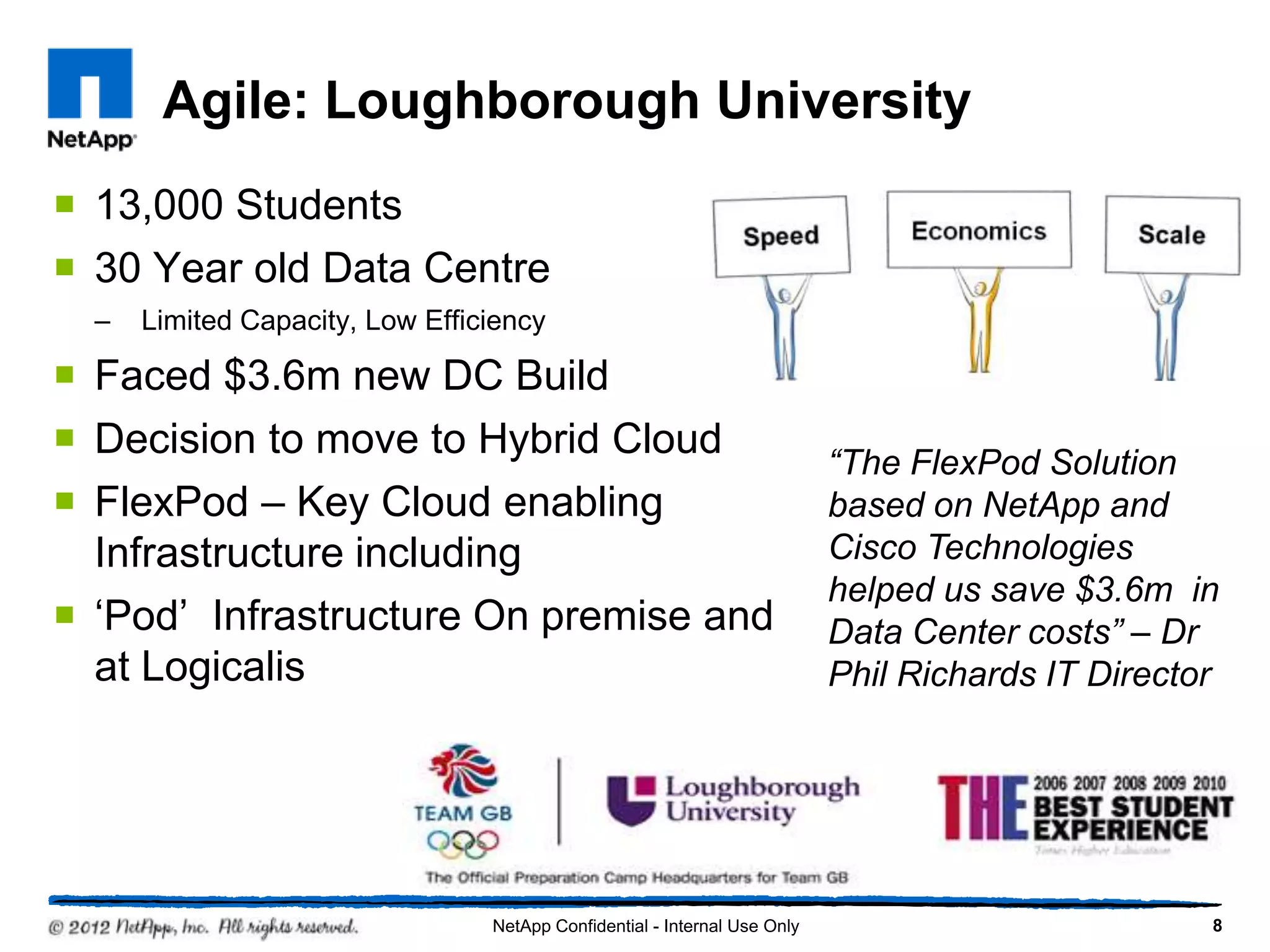 Agile: Loughborough University
 13,000 Students
 30 Year old Data Centre
  –   Limited Capacity, Low Efficiency

 Faced $3.6m new DC Build
 Decision to move to Hybrid Cloud
                                                                           “The FlexPod Solution
 FlexPod – Key Cloud enabling                                             based on NetApp and
  Infrastructure including                                                 Cisco Technologies
                                                                           helped us save $3.6m in
 ‗Pod‘ Infrastructure On premise and                                      Data Center costs” – Dr
  at Logicalis                                                             Phil Richards IT Director




                                 NetApp Confidential - Internal Use Only                           8
 