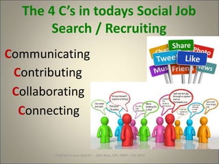 Connecting
Communicating
Collaborating
Contributing
Elephant in your Search! … John Rose, CPC, MIRP – Oct 2014
The 4 C’s in todays Social Job
Search / Recruiting
 