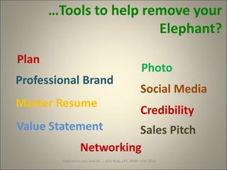 Value Statement
Credibility
Master Resume
Photo
Professional Brand
Plan
Networking
Sales Pitch
Social Media
…Tools to help remove your
Elephant?
Elephant in your Search! … John Rose, CPC, MIRP – Oct 2014
 