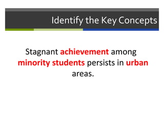 Identify the Key Concepts
Stagnant achievement among
minority students persists in urban
areas.
 