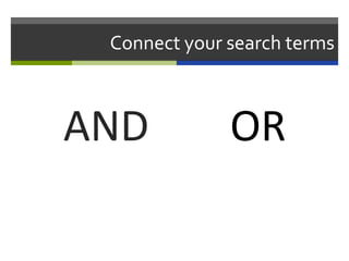 Connect your search terms
AND OR
 
