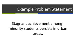 Example Problem Statement
Stagnant achievement among
minority students persists in urban
areas.
 