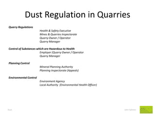 Dust Regulation in Quarries 
Quarry Regulations 
Health & Safety Executive 
Mines & Quarries Inspectorate 
Quarry Owner / Operator 
Quarry Manager 
Control of Substances which are Hazardous to Health 
Employer (Quarry Owner / Operator 
Quarry Manager 
Planning Control 
Mineral Planning Authority 
Planning Inspectorate (Appeals) 
Environmental Control 
Environment Agency 
Local Authority (Environmental Health Officer) 
Dust John Salmon  