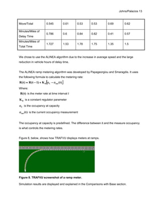 Johns/Palacios 13
Move/Total 0.545 0.61 0.53 0.53 0.69 0.62
Minutes/Miles of
Delay Time
0.786 0.6 0.84 0.82 0.41 0.57
Minutes/Miles of
Total Time
1.727 1.53 1.78 1.75 1.35 1.5
We chose to use the ALINEA algorithm due to the increase in average speed and the large
reduction in vehicle hours of delay time.
The ALINEA ramp metering algorithm was developed by Papageorgiou and Smaragdis. It uses
the following formula to calculate the metering rate:
[ ])t(K)1t(R)t(R outCR ο−ο+−=
Where:
)t(R is the meter rate at time interval t
RK is a constant regulator parameter
Cο is the occupancy at capacity
)t(outο is the current occupancy measurement
The occupancy at capacity is predefined. The difference between it and the measure occupancy
is what controls the metering rates.
Figure 8, below, shows how TRAFVU displays meters at ramps.
Figure 8. TRAFVU screenshot of a ramp meter.
Simulation results are displayed and explained in the Comparisons with Base section.
 