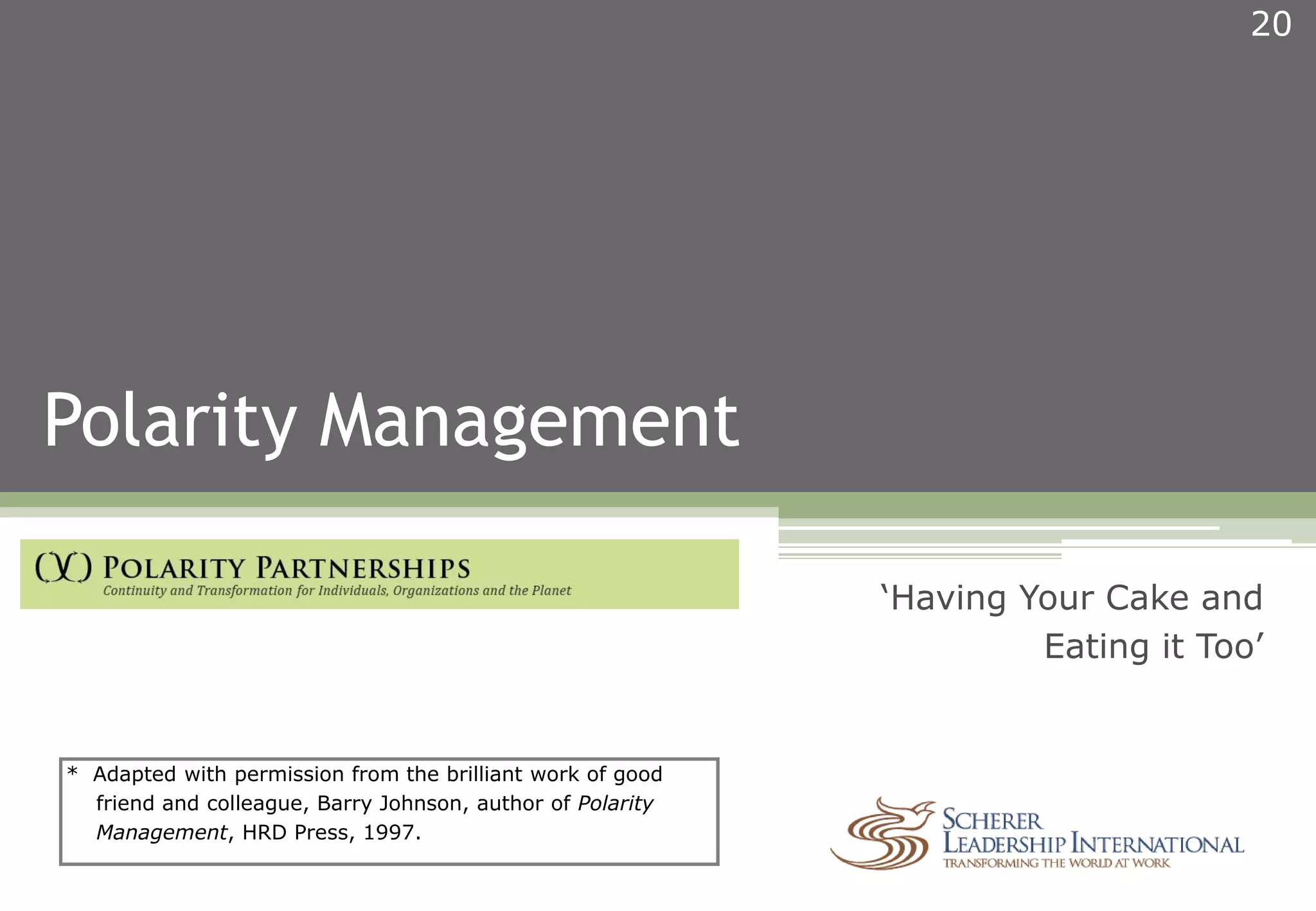 Polarity Management
20
‘Having Your Cake and
Eating it Too’
* Adapted with permission from the brilliant work of good
friend and colleague, Barry Johnson, author of Polarity
Management, HRD Press, 1997.
 