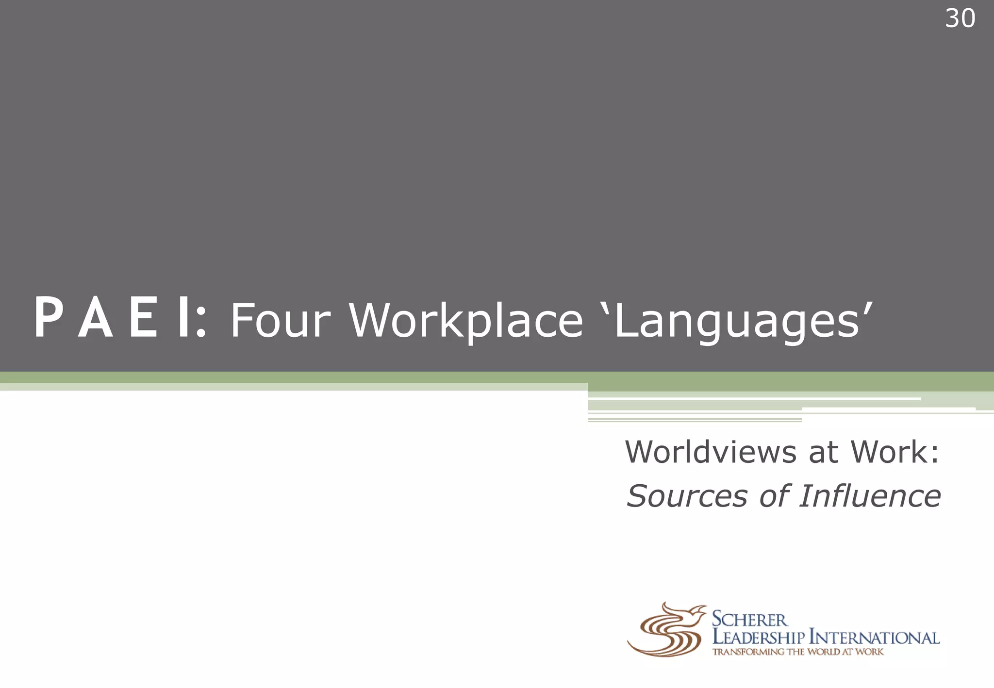 P A E I: Four Workplace ‘Languages’
30
Worldviews at Work:
Sources of Influence
 