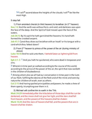 14 I will4)
ascendabove the heights of the clouds; I will 5)
be like the
most High.
5 step fall:
1) From anointed cherub (in third heaven) to leviathan (in 2nd
heaven)
Gen 1:2 And the earth was without form, and void; and darkness was upon
the face of the deep. And the Spiritof God moved upon the face of the
waters.
Job 26:13 By his spirit he hath garnishedthe heavens; his handhath
formed the crooked serpent.
Job 41:1 Canst thou draw out leviathan with an hook? or his tongue with a
cord which thou lettest down?
2) From 2nd
heaven to prince of the power of the air (during ministry of
Jesus)
Luke 10:18 And he said unto them, I beheld Satan as lightningfall from
heaven.
Eph 2:1-3 1 And you hath he quickened, who were dead in trespasses and
sins;
2 Wherein in time past ye walked accordingto the course of this world,
accordingto the prince of the power of the air, the spirit that now worketh
in the children of disobedience:
3 Among whom also we all had our conversation in times past in the lusts
of our flesh, fulfillingthe desires of the flesh and of the mind; and were by
nature the children of wrath, even as others.
Col 2:15 And havingspoiled principalities andpowers, he made a shew of
them openly, triumphingover them in it.
3) Michael will confine him to earth in the Trib.
Matt 24:29 Immediatelyafter the tribulation of those days shall the sun be
darkened, and the moon shall not give her light, and the stars shall fall
from heaven, and the powers of the heavens shall be shaken:
Mark 13:25 And the stars of heaven shall fall, and the powers that are in
heaven shall be shaken.
 