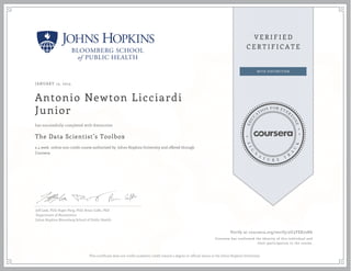 JANUARY 13, 2015
Antonio Newton Licciardi
Junior
The Data Scientist’s Toolbox
a 4 week online non-credit course authorized by Johns Hopkins University and offered through
Coursera
has successfully completed with distinction
Jeff Leek, PhD; Roger Peng, PhD; Brian Caffo, PhD
Department of Biostatistics
Johns Hopkins Bloomberg School of Public Health
Verify at coursera.org/verify/2U3YEK72H6
Coursera has confirmed the identity of this individual and
their participation in the course.
This certificate does not confer academic credit toward a degree or official status at the Johns Hopkins University.
 