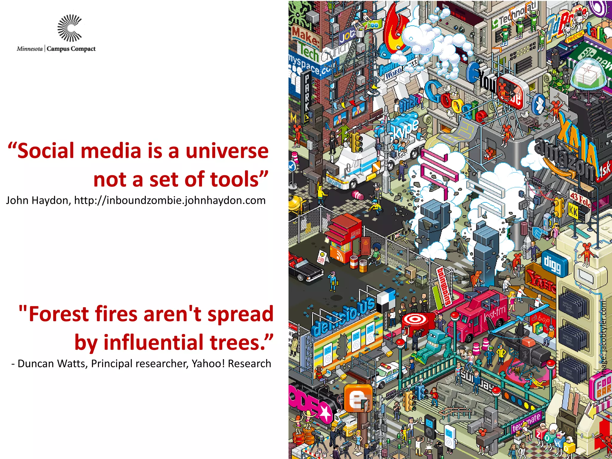 Image:jacobtyler.com
“Social media is a universe
not a set of tools”
John Haydon, http://inboundzombie.johnhaydon.com
"Forest fires aren't spread
by influential trees.”
- Duncan Watts, Principal researcher, Yahoo! Research
 