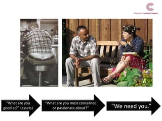 “What are you
good at?” (assets)
“What are you most concerned
or passionate about?” “We need you.”
 