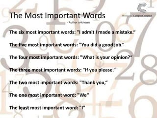 The Most Important Words
- Author unknown
The six most important words: "I admit I made a mistake.“
The five most important words: "You did a good job.“
The four most important words: "What is your opinion?“
The three most important words: "If you please.“
The two most important words: "Thank you,“
The one most important word: "We“
The least most important word: "I"
 