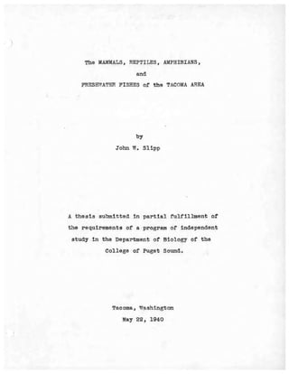 Thesis by John Slipp, 1940, for the Department of Biology, College of Puget Sound