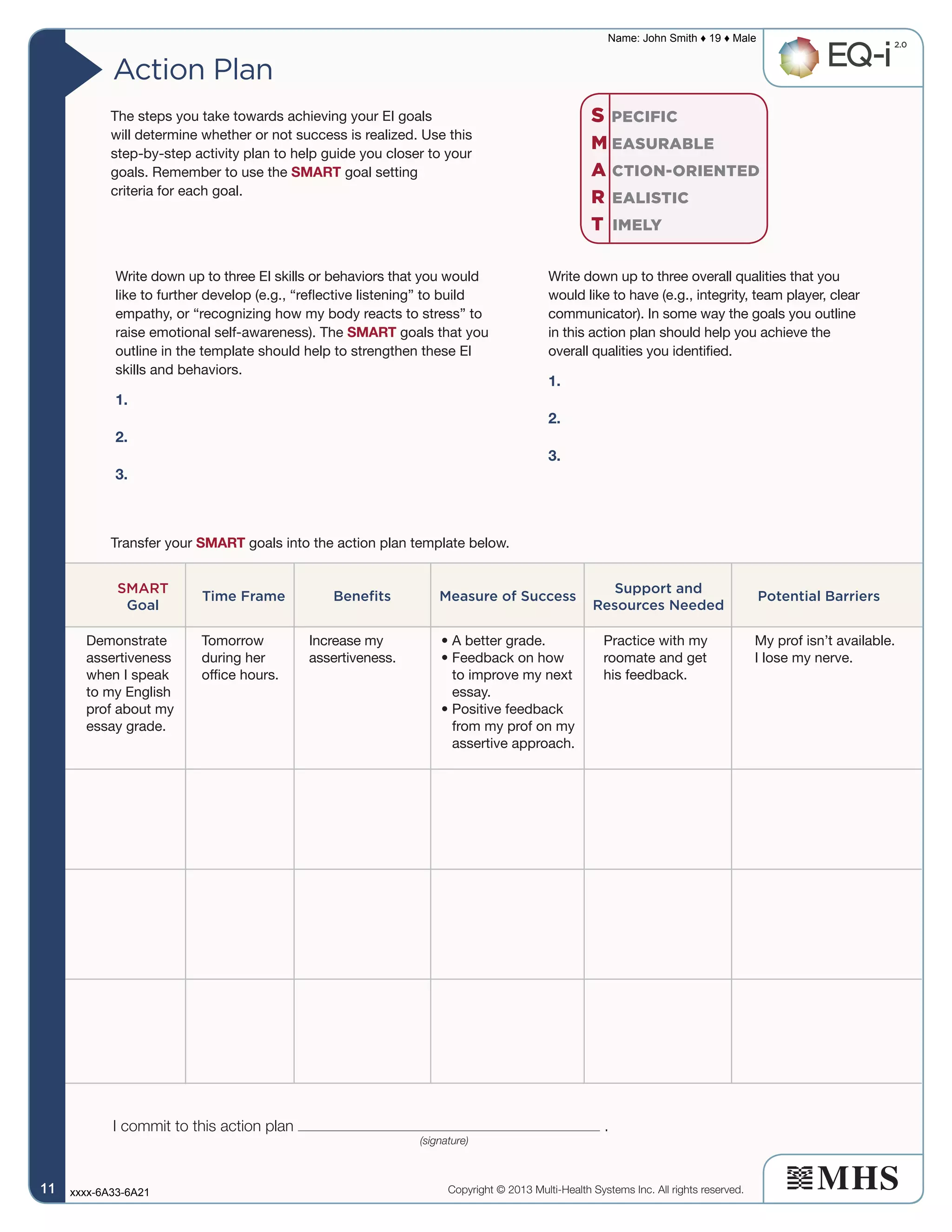 Write down up to three EI skills or behaviors that you would
like to further develop (e.g., “reflective listening” to build
empathy, or “recognizing how my body reacts to stress” to
raise emotional self-awareness). The SMART goals that you
outline in the template should help to strengthen these EI
skills and behaviors.
1.
2.
3.
Write down up to three overall qualities that you
would like to have (e.g., integrity, team player, clear
communicator). In some way the goals you outline
in this action plan should help you achieve the
overall qualities you identified.
1.
2.
3.
The steps you take towards achieving your EI goals
will determine whether or not success is realized. Use this
step-by-step activity plan to help guide you closer to your
goals. Remember to use the SMART goal setting
criteria for each goal.
Transfer your SMART goals into the action plan template below.
I commit to this action plan .
	(signature)
SMART
Goal
Time Frame Potential BarriersBenefits Measure of Success
Support and
Resources Needed
Action Plan
Demonstrate
assertiveness
when I speak
to my English
prof about my
essay grade.
Tomorrow
during her
office hours.
Increase my
assertiveness.
• A better grade.
• Feedback on how
to improve my next
essay.
• Positive feedback
from my prof on my
assertive approach.
Practice with my
roomate and get
his feedback.
My prof isn’t available.
I lose my nerve.
S pecific
M easurable
A ction-oriented
R ealistic
T imely
Copyright © 2013 Multi-Health Systems Inc. All rights reserved.
Name: John Smith ♦ 19 ♦ Male
xxxx-6A33-6A2111111111
 