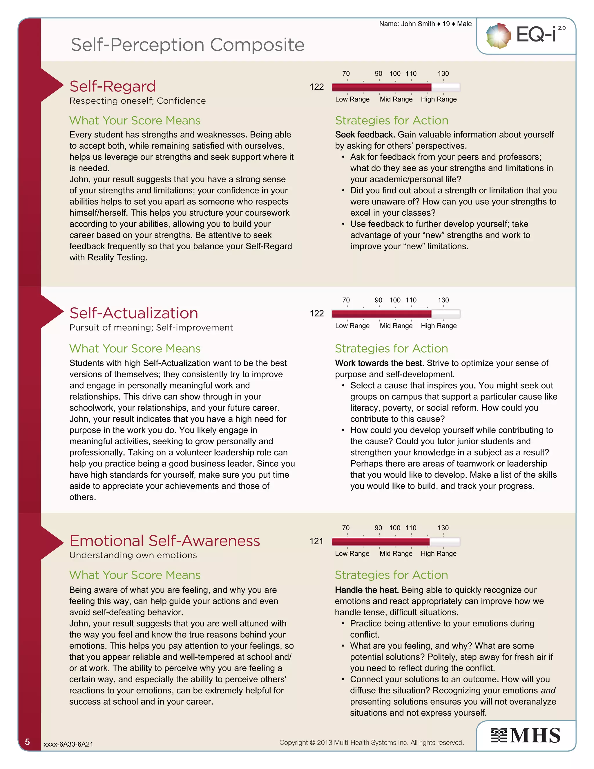 Self-Regard
Respecting oneself; Confidence
Self-Actualization
Pursuit of meaning; Self-improvement
Emotional Self-Awareness
Understanding own emotions
Self-Perception Composite
Strategies for Action
Strategies for Action
What Your Score Means
What Your Score Means
What Your Score Means
Copyright © 2013 Multi-Health Systems Inc. All rights reserved.
Strategies for Action
Name: John Smith ♦ 19 ♦ Male
xxxx-6A33-6A215555
Low Range
Low Range
Low Range
Mid Range
Mid Range
Mid Range
High Range
High Range
High Range
70
70
70
90
90
90
100
100
100
110
110
110
130
130
130
122
Every student has strengths and weaknesses. Being able
to accept both, while remaining satisfied with ourselves,
helps us leverage our strengths and seek support where it
is needed.
John, your result suggests that you have a strong sense
of your strengths and limitations; your confidence in your
abilities helps to set you apart as someone who respects
himself/herself. This helps you structure your coursework
according to your abilities, allowing you to build your
career based on your strengths. Be attentive to seek
feedback frequently so that you balance your Self-Regard
with Reality Testing.
Seek feedback.Seek feedback.Seek feedback.Seek feedback. Gain valuable information about yourself
by asking for others’ perspectives.
• Ask for feedback from your peers and professors;
what do they see as your strengths and limitations in
your academic/personal life?
• Did you find out about a strength or limitation that you
were unaware of? How can you use your strengths to
excel in your classes?
• Use feedback to further develop yourself; take
advantage of your “new” strengths and work to
improve your “new” limitations.
122
Students with high Self-Actualization want to be the best
versions of themselves; they consistently try to improve
and engage in personally meaningful work and
relationships. This drive can show through in your
schoolwork, your relationships, and your future career.
John, your result indicates that you have a high need for
purpose in the work you do. You likely engage in
meaningful activities, seeking to grow personally and
professionally. Taking on a volunteer leadership role can
help you practice being a good business leader. Since you
have high standards for yourself, make sure you put time
aside to appreciate your achievements and those of
others.
Work towards the best.Work towards the best.Work towards the best.Work towards the best. Strive to optimize your sense of
purpose and self-development.
• Select a cause that inspires you. You might seek out
groups on campus that support a particular cause like
literacy, poverty, or social reform. How could you
contribute to this cause?
• How could you develop yourself while contributing to
the cause? Could you tutor junior students and
strengthen your knowledge in a subject as a result?
Perhaps there are areas of teamwork or leadership
that you would like to develop. Make a list of the skills
you would like to build, and track your progress.
121
Being aware of what you are feeling, and why you are
feeling this way, can help guide your actions and even
avoid self-defeating behavior.
John, your result suggests that you are well attuned with
the way you feel and know the true reasons behind your
emotions. This helps you pay attention to your feelings, so
that you appear reliable and well-tempered at school and/
or at work. The ability to perceive why you are feeling a
certain way, and especially the ability to perceive others’
reactions to your emotions, can be extremely helpful for
success at school and in your career.
Handle the heat.Handle the heat.Handle the heat.Handle the heat. Being able to quickly recognize our
emotions and react appropriately can improve how we
handle tense, difficult situations.
• Practice being attentive to your emotions during
conflict.
• What are you feeling, and why? What are some
potential solutions? Politely, step away for fresh air if
you need to reflect during the conflict.
• Connect your solutions to an outcome. How will you
diffuse the situation? Recognizing your emotions and
presenting solutions ensures you will not overanalyze
situations and not express yourself.
 
