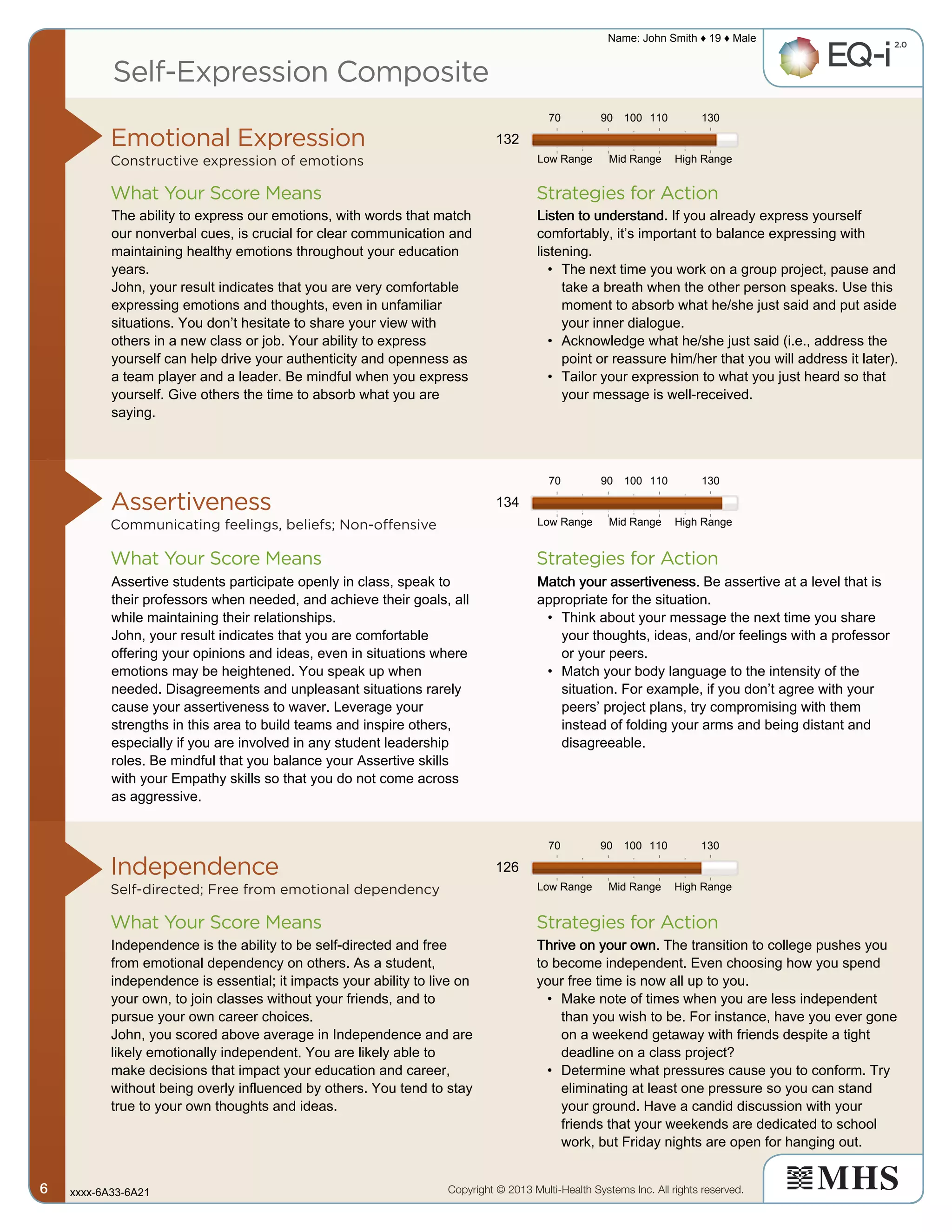 Self-Expression Composite
Emotional Expression
Constructive expression of emotions
Assertiveness
Communicating feelings, beliefs; Non-offensive
Independence
Self-directed; Free from emotional dependency
Strategies for Action
Strategies for Action
Strategies for Action
What Your Score Means
What Your Score Means
What Your Score Means
Copyright © 2013 Multi-Health Systems Inc. All rights reserved.
Name: John Smith ♦ 19 ♦ Male
xxxx-6A33-6A216666
Low Range
Low Range
Low Range
Mid Range
Mid Range
Mid Range
High Range
High Range
High Range
70
70
70
90
90
90
100
100
100
110
110
110
130
130
130
132
The ability to express our emotions, with words that match
our nonverbal cues, is crucial for clear communication and
maintaining healthy emotions throughout your education
years.
John, your result indicates that you are very comfortable
expressing emotions and thoughts, even in unfamiliar
situations. You don’t hesitate to share your view with
others in a new class or job. Your ability to express
yourself can help drive your authenticity and openness as
a team player and a leader. Be mindful when you express
yourself. Give others the time to absorb what you are
saying.
Listen to understand.Listen to understand.Listen to understand.Listen to understand. If you already express yourself
comfortably, it’s important to balance expressing with
listening.
• The next time you work on a group project, pause and
take a breath when the other person speaks. Use this
moment to absorb what he/she just said and put aside
your inner dialogue.
• Acknowledge what he/she just said (i.e., address the
point or reassure him/her that you will address it later).
• Tailor your expression to what you just heard so that
your message is well-received.
134
Assertive students participate openly in class, speak to
their professors when needed, and achieve their goals, all
while maintaining their relationships.
John, your result indicates that you are comfortable
offering your opinions and ideas, even in situations where
emotions may be heightened. You speak up when
needed. Disagreements and unpleasant situations rarely
cause your assertiveness to waver. Leverage your
strengths in this area to build teams and inspire others,
especially if you are involved in any student leadership
roles. Be mindful that you balance your Assertive skills
with your Empathy skills so that you do not come across
as aggressive.
Match your assertiveness.Match your assertiveness.Match your assertiveness.Match your assertiveness. Be assertive at a level that is
appropriate for the situation.
• Think about your message the next time you share
your thoughts, ideas, and/or feelings with a professor
or your peers.
• Match your body language to the intensity of the
situation. For example, if you don’t agree with your
peers’ project plans, try compromising with them
instead of folding your arms and being distant and
disagreeable.
126
Independence is the ability to be self-directed and free
from emotional dependency on others. As a student,
independence is essential; it impacts your ability to live on
your own, to join classes without your friends, and to
pursue your own career choices.
John, you scored above average in Independence and are
likely emotionally independent. You are likely able to
make decisions that impact your education and career,
without being overly influenced by others. You tend to stay
true to your own thoughts and ideas.
Thrive on your own.Thrive on your own.Thrive on your own.Thrive on your own. The transition to college pushes you
to become independent. Even choosing how you spend
your free time is now all up to you.
• Make note of times when you are less independent
than you wish to be. For instance, have you ever gone
on a weekend getaway with friends despite a tight
deadline on a class project?
• Determine what pressures cause you to conform. Try
eliminating at least one pressure so you can stand
your ground. Have a candid discussion with your
friends that your weekends are dedicated to school
work, but Friday nights are open for hanging out.
 