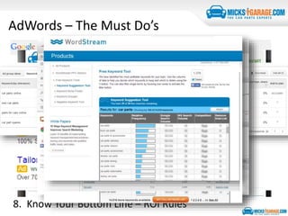 AdWords – The Must Do’s
1. In-Depth Research
2. Simple, Understandable Structure
3. Ad Relevancy – Make Users Want to Click
4. Ad, Keyword & Landing Page Connection
5. KPI Model – Don’t shoot blind
6. Link with Analytics – Beyond the Click
7. Never Stop Testing – Ever!
8. Know Your Bottom Line – ROI Rules
 