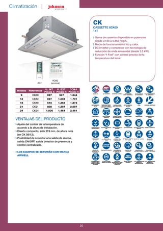 Climatización |
20
Medida Referencia
U. INT.
Precio €
U. EXT.
Precio €
CONJ.
Precio €
9 CK09 697 947 1.644
12 CK12 697 1.004 1.701
18 CK18 610 1.263 1.873
21 CK21 800 1.297 2.097
24 CK24 1.000 1.461 2.461
VENTAJAS DEL PRODUCTO
Ajuste del control de la temperatura de
acuerdo a la altura de instalación.
Diseño compacto, sólo 219 mm. de altura neta
(en CK 09/12).
Posibilidad de conectar una salida de alarma,
salida ON/OFF, salida detector de presencia y
control centralizado.
LOS EQUIPOS SE SERVIRÁN CON MARCA
AIRWELL
CK
CASSETTE 60x60
1x1
Gama de cassette disponible en potencias
desde 2.150 a 5.850 Frig/h.
Modo de funcionamiento frío y calor.
DC Inverter y compresor con tecnología de
reducción de onda sinusoidal (desde 3.5 kW).
Función “I Feel” con control preciso de la
temperatura del local.
CLASE A/A
REFRIGERANTE
R410A
AIRE LIMPIO
TEMPORIZADOR
PROGRAMABLE
DESESCARCHE
AVANZADO
DC Inverter
REJILLA GRAN
ANGULAR
AUTODIAGNÓSTICO-
LED
MODO DE
FUNCIONAMIENTO
AUTO
SALIDA DEL
DETECTOR DE
PRESENCIA
INTERRUPTOR DE
CONTACTO SECO
STAND-BY UNIDAD
EXTERIOR
CONEXIÓN FLEXIBLE
FILTRO ACTIVO
ELECTROSTÁTICO
CAUDAL DE AIRE
MOTORIZADO 4D
INDICACIÓN BAJA
BATERÍA
BOMBA DE
CONDENSADOS
INTEGRADA
CONTROL DE GRUPO
SALIDA ALARMA
UNIDAD EXTERIOR
COMPRESOR
ONDA SINOSOIDAL
AUTO LIMPIEZA/
SECADO
MODO TURBO
AUTOARRANQUE
OPCIÓN DE CONTROL
POR CABLE
HERRAMIENTA
DE CONTROL DE
SERVICIO
PRECARGA
REFRIGERANTE PARA
LA INSTALACIÓN
COMPLETA
BAJO VOLTAJE
DE ARRANQUE
I FEEL
MODO SLEEP
BLOQUEO CONTROL
REMOTO
SALIDA DE ALARMA
CONTROL DE
CONSUMO
MODO TÉCNICO
PRUEBAS
BAJA TEMPERATURA
DE ARRANQUE
CARCASA ANTIPOLVO
CONSERVACIÓN
CALOR
DISEÑO COMPACTO
SALIDA DE
ENCENDIDO
DIAGNÓSTICO
CONTROL REMOTO
DIAGNÓSTICO
DIGITAL U. EXTERIOR
-10ºC TEMPERATURA
MÍNIMA EN
REFRIGERACIÓN
-15ºC TEMPERATURA
MÍNIMA EN
CALEFACCIÓN
aUto
tUrBo
24 H
rEstart
aUto
Low Low
Unit
on
GroUp
ControL
tEst
ModE
FLEXY
MatCH
- °C
RC7
RCW2
(opcional)
R410A
odU
MODO NOCTURNO
CONTACTO SECO
PARA LA U. EXTERIOR
odU
odU
stBY
odU
°C-
CLass
 