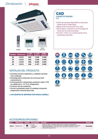Climatización |
22
VENTAJAS DEL PRODUCTO
Controles remotos inalámbrico y cableado servidos
como estándar.
Autodiagnóstico (indicación de error) para fácil
mantenimiento.
Funcionamiento a temperatura ambiente, hasta -15ºC
en calefacción y -15 ºC en refrigeración.
Conexión aire de ventilación.
Control centralizado hasta 16 unidades incluyendo
programador semanal (opcional).
LOS EQUIPOS SE SERVIRÁN CON MARCA AIRWELL
CAD
Cassette 900x900
1x1
Gama de cassette disponible en potencias
desde 6.020 a 9.288 Frig/h.
Modo de funcionamiento frío y calor.
DC Inverter y compresor con tecnología de
reducción de onda sinusoidal.
Función “I Feel” con control preciso de la
temperatura del local.
DC Inverter
AUTO LIMPIEZA/
SECADO
CONSERVACIÓN
CALOR
AUTOARRANQUE
-15ºC TEMPERATURA
MÍNIMA EN
CALEFACCIÓN
CONEXIÓN FLEXIBLE
AIRE LIMPIO
DISPLAY DIGITAL
BLOQUEO CONTROL
REMOTO
COMPRESOR
ONDA SINOSOIDAL
I FEEL
MODO TURBO
DESESCARCHE
AVANZADO
BAJO VOLTAJE
DE ARRANQUE
REJILLA GRAN
ANGULAR
TEMPORIZADOR
MODO DE
FUNCIONAMIENTO
AUTO
BAJA TEMPERATURA
DE ARRANQUE
CAUDAL DE AIRE
MOTORIZADO 4D
AUTODIAGNÓSTICO-
DIGITAL
bomba de
condensados
integrada
REFRIGERANTE
R410A
MODO SLEEP
INDICACIÓN BAJA
BATERÍA
CONTROL DE GRUPO
aUto
tUrBo
rEstart
aUto
Low Low
GroUp
ControL
FLEXY
MatCH
RC08A
RCW4
(opcional)RCW3
R410A
°C-
Medida Referencia
U. INT.
Precio €
U. EXT.
Precio €
CONJ.
Precio €
24 CAD24 820 1.645 2.465
30 CAD30 820 1.648 2.468
36 CAD36 836 2.258 3.094
42 CAD42 846 3.107 3.953
Acc. Referencia Imagen Descripción Función Precio €
RCW-4 7ACEL1613
Control
centralizado
cableado
- Control de hasta 16 unidades interiores como un grupo o individualmente.
- Opción de configurar en cada unidad interior el ON/OFF, temperatura de consigna.
TEMPORIZADOR (diario y semanal), modo, velocidad del ventilador y swing.
- Indicador del código de fallo.
Consultar
ACCESORIOS/OPCIONES
 