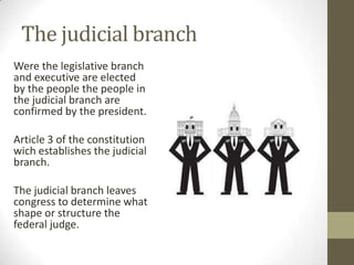 The judicial branch
Were the legislative branch
and executive are elected
by the people the people in
the judicial branch are
confirmed by the president.
Article 3 of the constitution
wich establishes the judicial
branch.
The judicial branch leaves
congress to determine what
shape or structure the
federal judge.
 