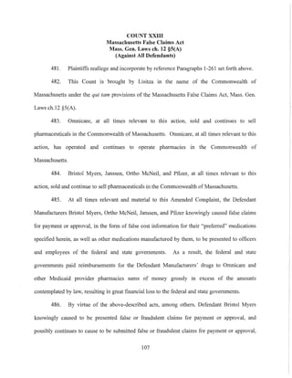 COUNT XXIII
Massachusetts False Claims Act
Mass. Gen. Laws ch. 12 §5(A)
(Against All Defendants)
481. Plaintiffs reallege and incorporate by reference Paragraphs 1-261 set forth above.
482. This Count is brought by Lisitza in the name of the Commonwealth of
Massachusetts under the qui tam provisions of the Massachusetts False Claims Act, Mass. Gen.
Laws ch.l2 §5(A).
483. Omnicare, at all times relevant to this action, sold and continues to sell
pharmaceuticals in the Commonwealth of Massachusetts. Omnicare, at all times relevant to this
action, has operated and continues to operate pharmacies in the Commonwealth of
Massachusetts.
484. Bristol Myers, Janssen, Ortho McNeil, and Pfizer, at all times relevant to this
action, sold and continue to sell pharmaceuticals in the Commonwealth of Massachusetts.
485. At all times relevant and material to this Amended Complaint, the Defendant
Manufacturers Bristol Myers, Ortho McNeil, Janssen, and Pfizer knowingly caused false claims
for payment or approval, in the form of false cost information for their "preferred" medications
specified herein, as well as other medications manufactured by them, to be presented to officers
and employees of the federal and state governments. As a result, the federal and state
governments paid reimbursements for the Defendant Manufacturers' drugs to Omnicare and
other Medicaid provider pharmacies sums of money grossly in excess of the amounts
contemplated by law, resulting in great iinancialloss to the federal and state govermnents.
486. By virtue of the above-described acts, among others, Defendant Bristol Myers
knowingly caused to be presented false or fraudulent claims for payment or approval, and
possibly continues to cause to be submitted false or fraudulent claims for payment or approval,
107
 